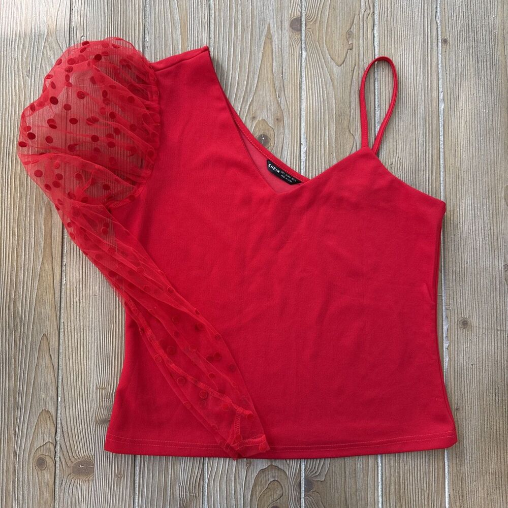 Women’s Shein Red Balloon Sleeve Strap Shoulder Dress Blouse Top - Large